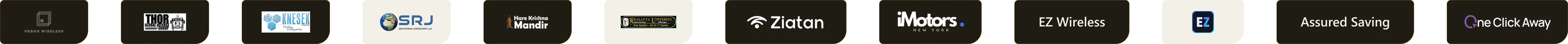 Client logos: Urban Wireless, Thorgdg, Knesek, SRJ, Hare Krishna Mandir, Ekalavya, Ziatan, iMotors, EZ Wireless, EZ Internet, Assured Saving, One Click Away
