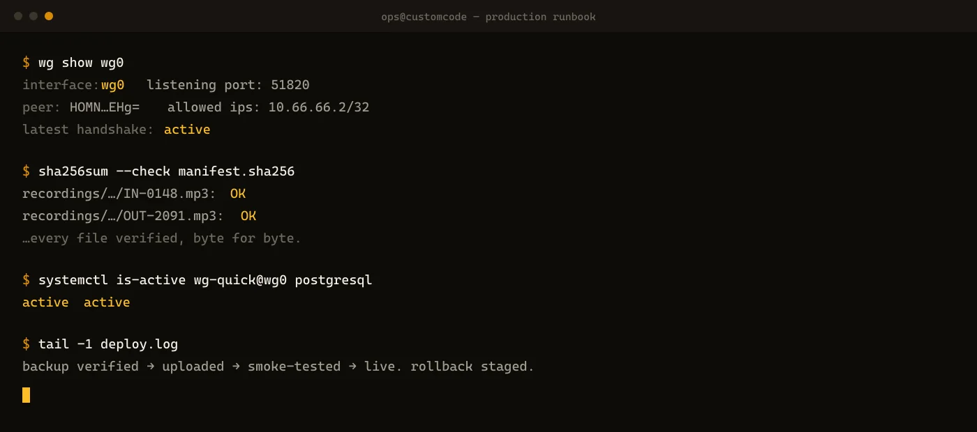 Operations console — VPN status, checksum verification, service health (representative output)
